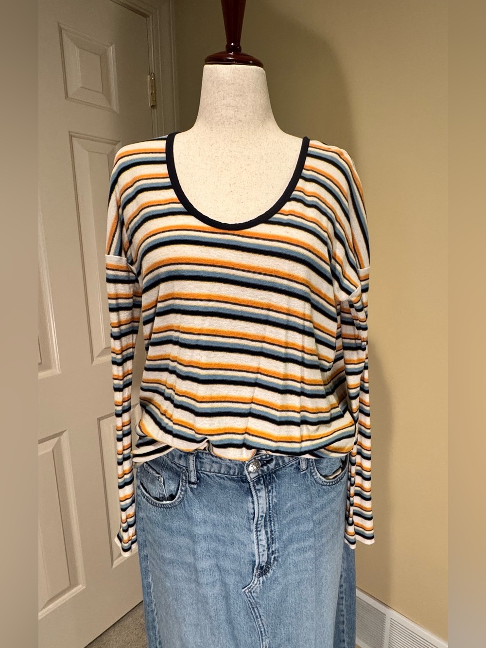 James Perse Retro Striped Long-Sleeve Scoop Neck Top in Yellow, Navy & Cream